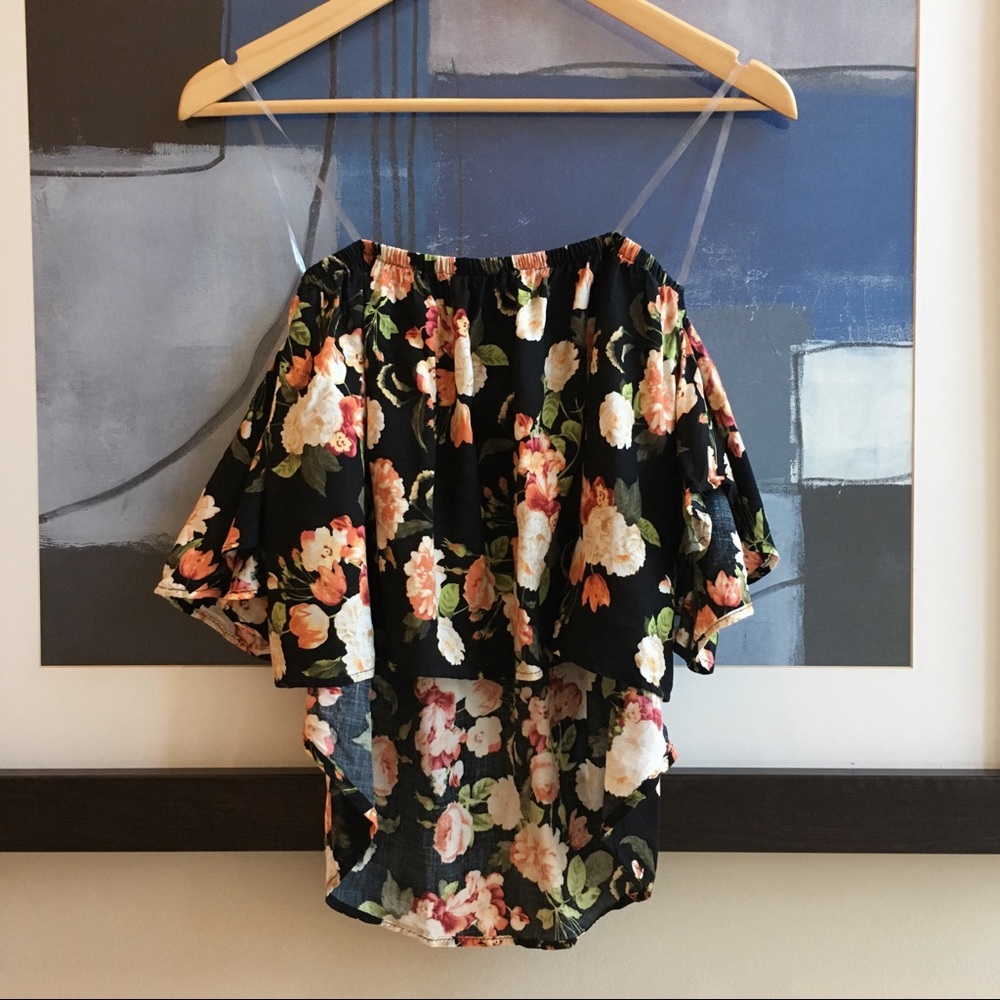 Tobi off shoulder flutter sleeve top black floral